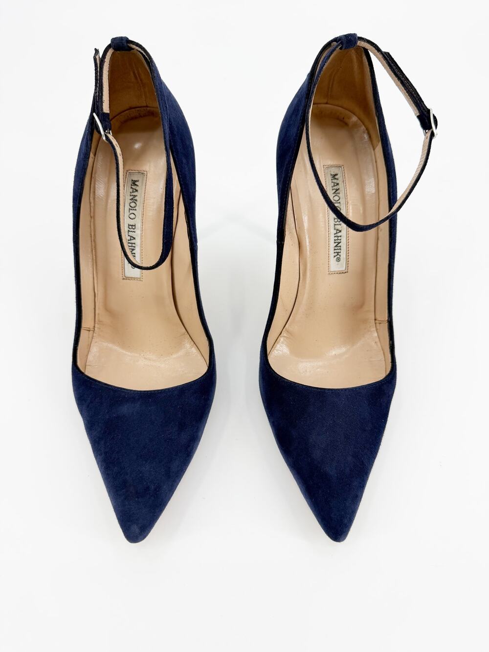 Manolo Blahnik Navy Blue Suede Ankle Strap Pointed Pumps Heels 37.5 EU 7.5 7